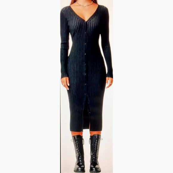 LITA By Ciara Icon Rib V Neck Cardigan Button Front Midi Dress Black M - Picture 6 of 16
